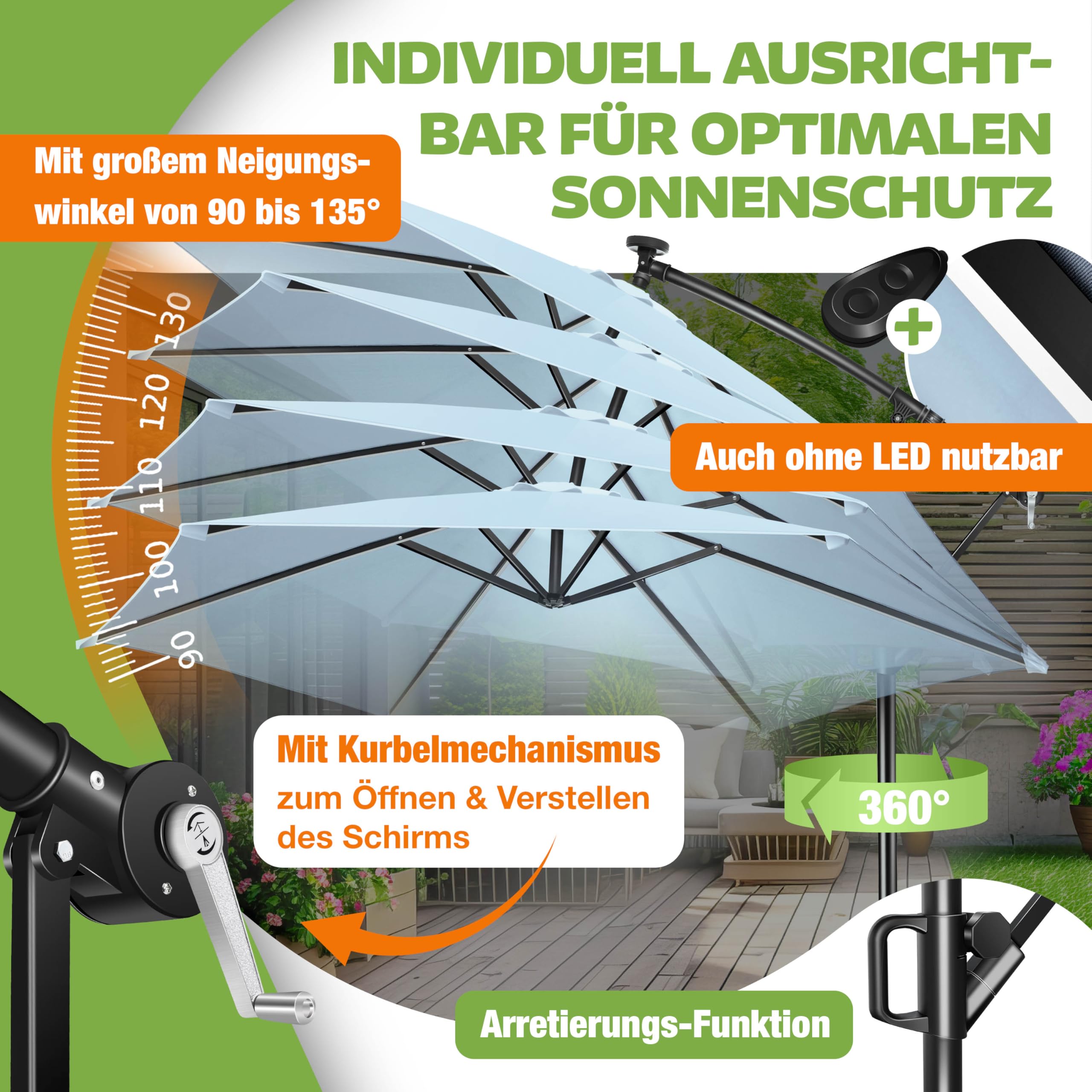 KESSER® Sonnenschirm Solar Ø 300 cm/Ø 350 cm mit LED Beleuchtung, Ampelschirm mit Kurbel, Garten, Sonnenschutz, Gestell & Ständer aus Alu, UV-Schutz, wasserdicht + Windfest, 360° Funktion + Hülle 5