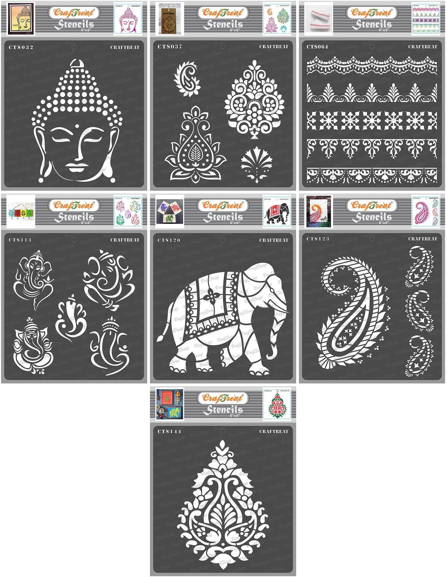 CraftTreat Indian Stencils for Wood, Wall, Tile, Canvas, and Paper - 7 Pcs 6x6 Inch Theme Bundle - DIY Art and Craft Decor