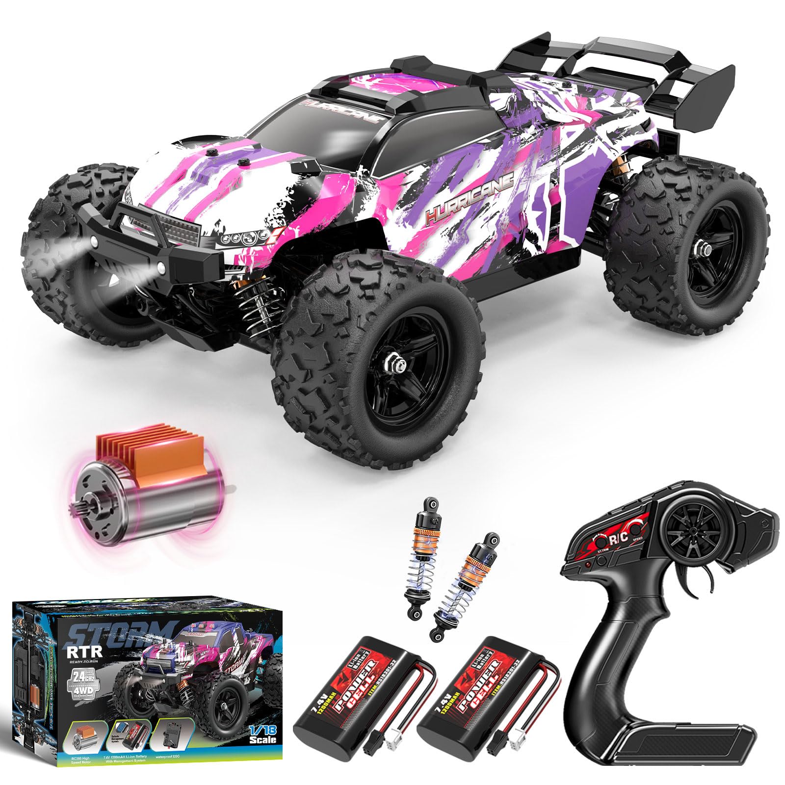 YESHIN 1:18 RC Cars for Girls, Entry-Level Off-Road RC Truck 40km/h, 4WD Control Remote with 2 Batteries, Fast Remote Control Car for Adults, Pink