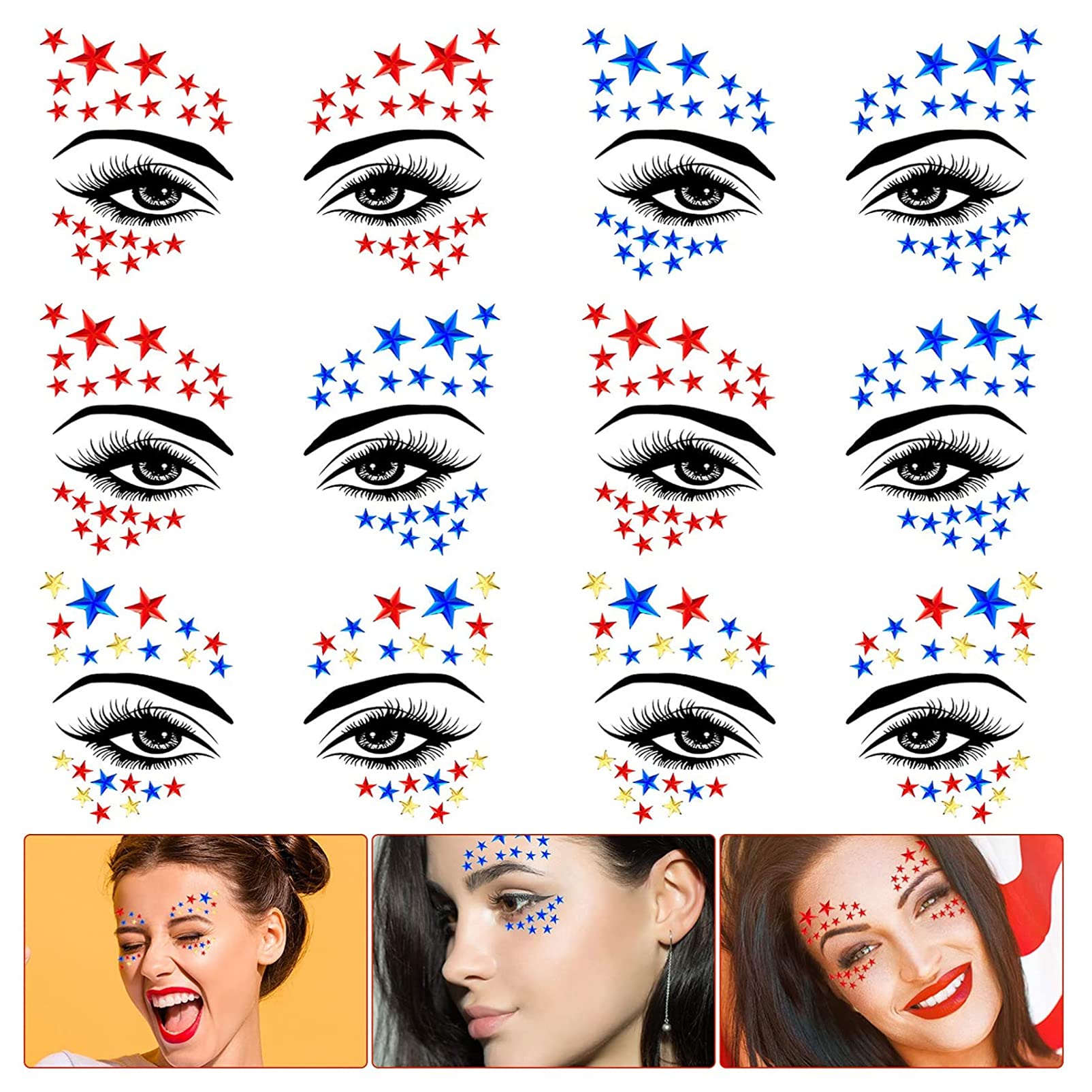 Uonlytech 6 Sheets Star Face Stickers Face Rhinestone Stickers Rhinestone Face Gems Jewels for Women and Girls