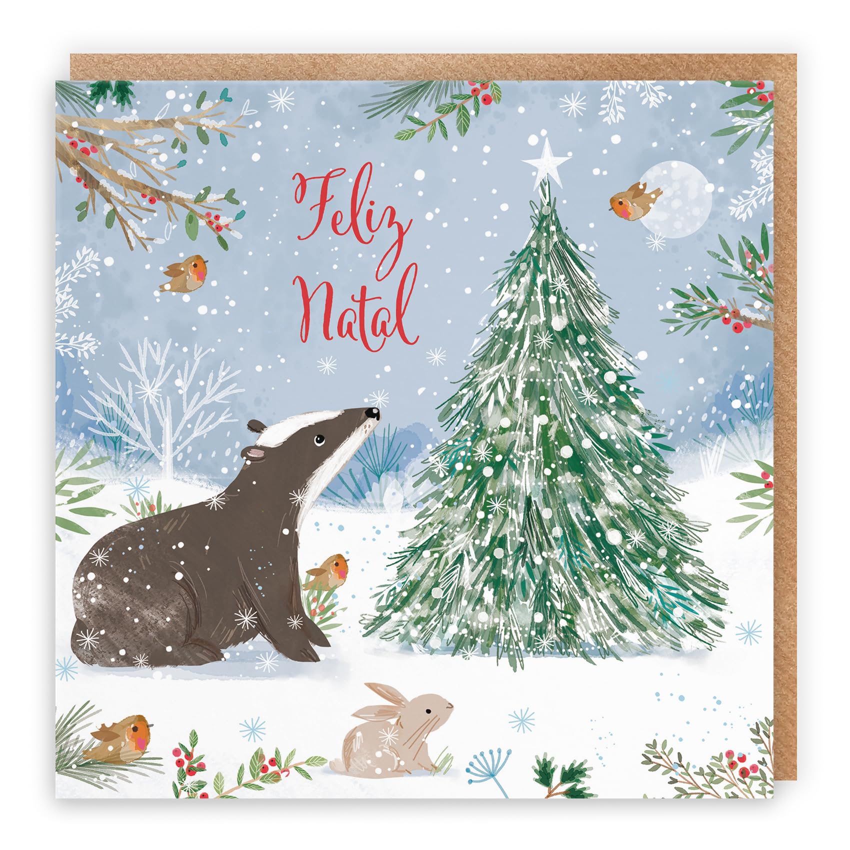 Hunts England - Badger Portuguese Christmas Card - Nature's Treasures - Happy Animal Wildlife Portuguese Language Fun Merry Xmas Card - Robin, Rabbit - For Boys, Girls, Men, Women - Feliz Natal