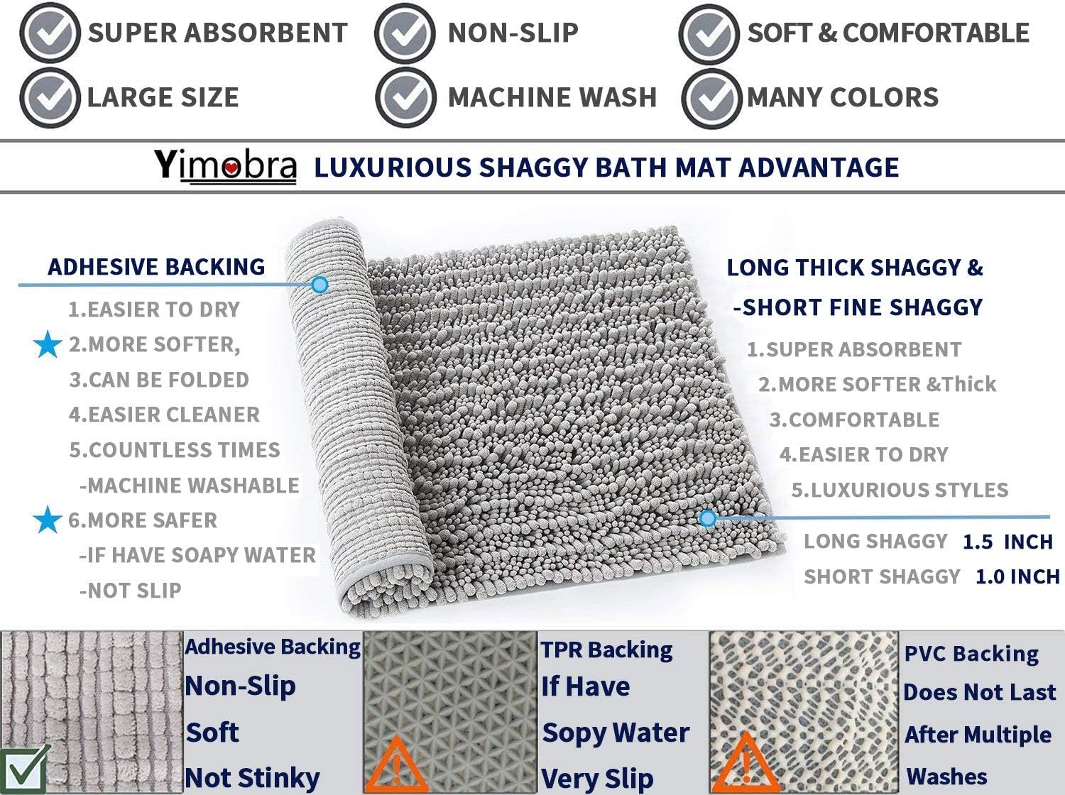 Yimobra Original Luxury Shaggy Bath Mat, 24 x 17 Inches, Soft and Cozy, Super Absorbent Water, Non-Slip, Machine-Washable, Thick Modern for Bathroom Bedroom, Gray: Home & Kitchen