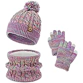 ACAREU Kids Winter Hat Gloves Scarf Set Beanie with PomPom Fleece Lined Warm Touch Screen for Boys Girls Christmas Gift