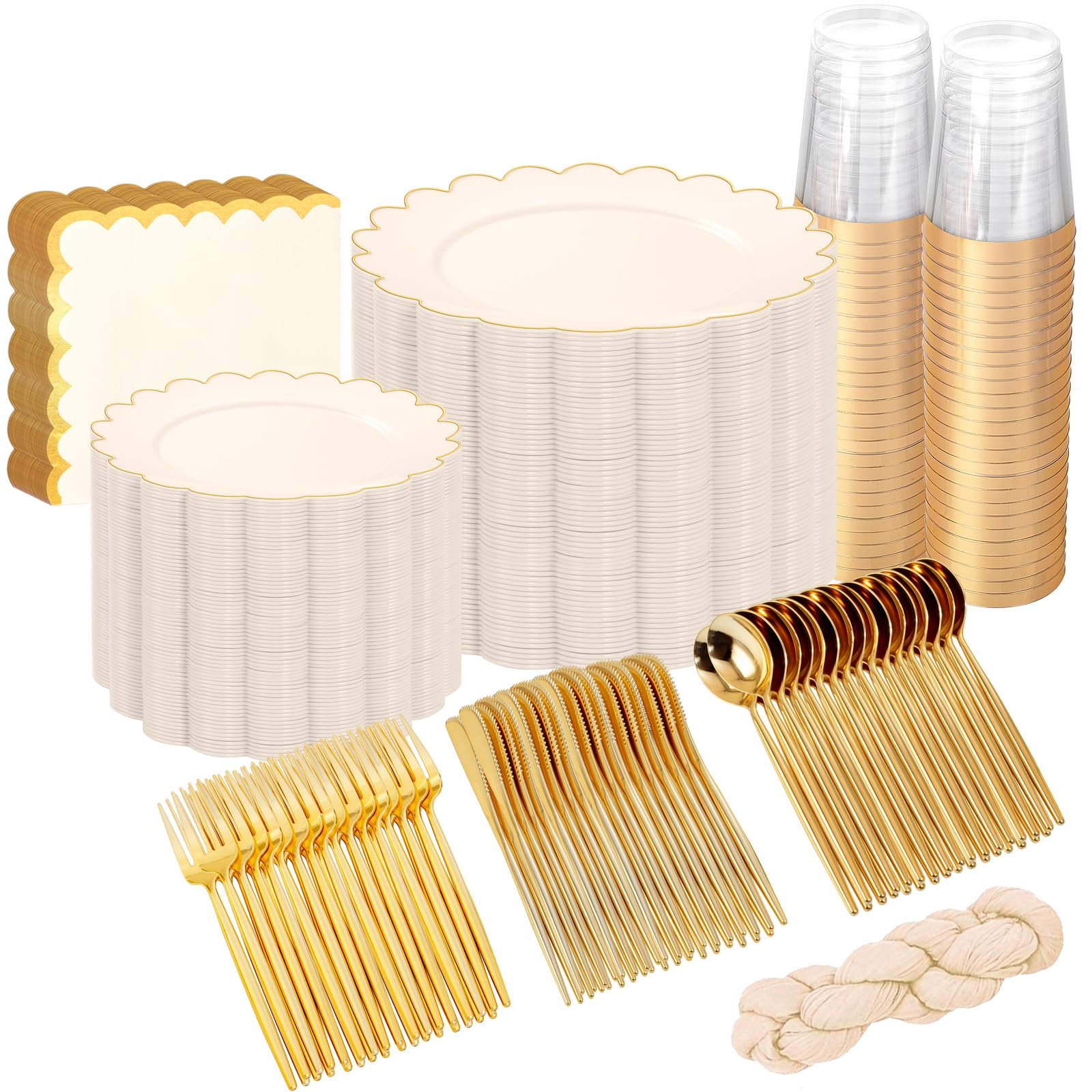 Photo 1 of WONDERFUL 351pcs Ivory Plastic Plates - Upgrade Gold Plastic Dinnerware set Includes 100 Disposable Plates 150 Gold Silverware 50 Cups 50 Wedding Napkins 1 Table Runner for Wedding & High End Party