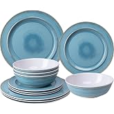 ZAROCRUS 12 Piece Melamine Dinnerware Sets, Dinner Dishes Set, Plates and Bowls Sets, Service for 4, Indoor and Outdoor Use, Lightweight Unbreakable,Dishwasher Safe