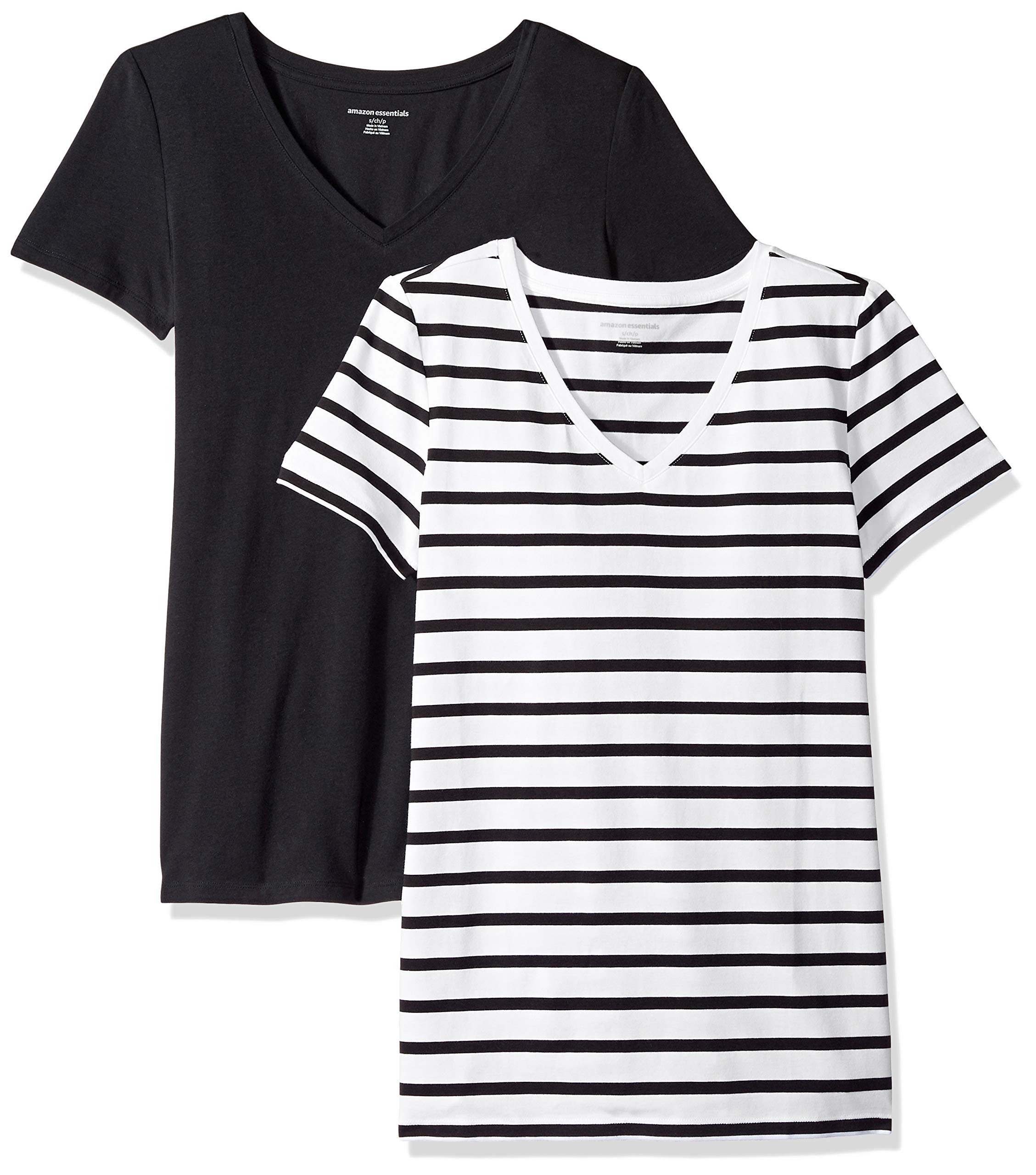 Photo 1 of ***MISSING PIECE*** Amazon Essentials Women's Regular-Fit Short-Sleeve V-Neck T-Shirt, Pack of 2, Black/White Stripe, XX-Large