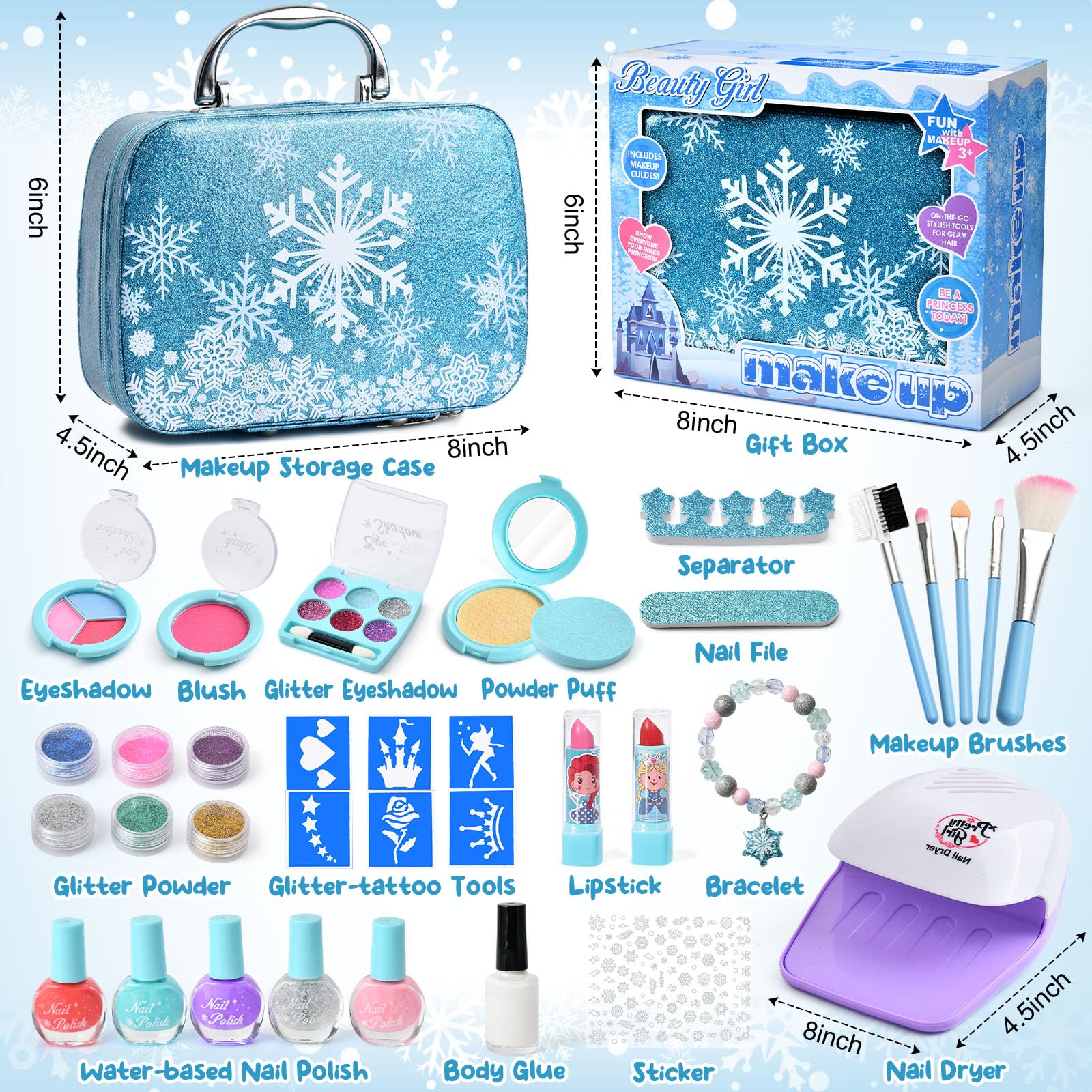 G.C ELSA Spielzeug Geschenke für Mädchen 4 5 6 7 8 Jahre, Kinderschminke Set mit Nageltrockner Peel-Off Nagellack Glitzer Tattoo, Eiskönigin Schminkkoffer Nagelstudio Rollenspiel Spielzeug Mädchen 2