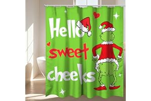 BROENO Christmas Shower Curtain and Ring Set, Green Shower Curtain with 12 Plastic Hooks for Bathroom Winter Holiday Xmas Decorations 72" x 72" (Green1)