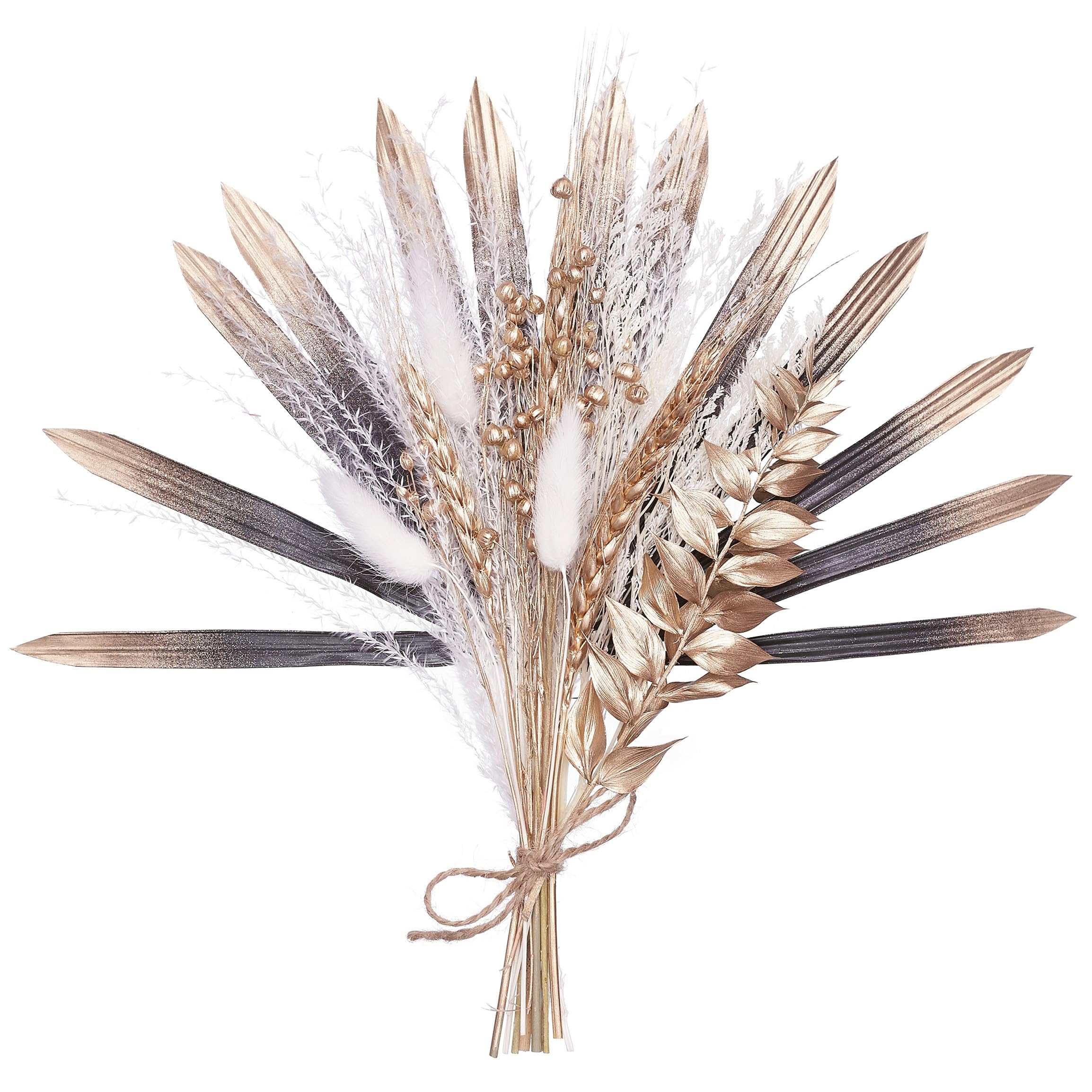 The Baked Studio - Boho Dried Flower Cake Topper Set With Black & Gold Ombre Sun Palm Leaf Leaves & Dried Flowers For Cake Decorating (Black, Gold & White)
