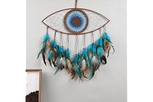 MAOFENG Feather Evil Eye Dream Catcher Natural Handmade Materials Moderate Size, Home Ornaments Craft Gift for Bedroom, Dream Catchers for Bedroom Adult（Green Brown）