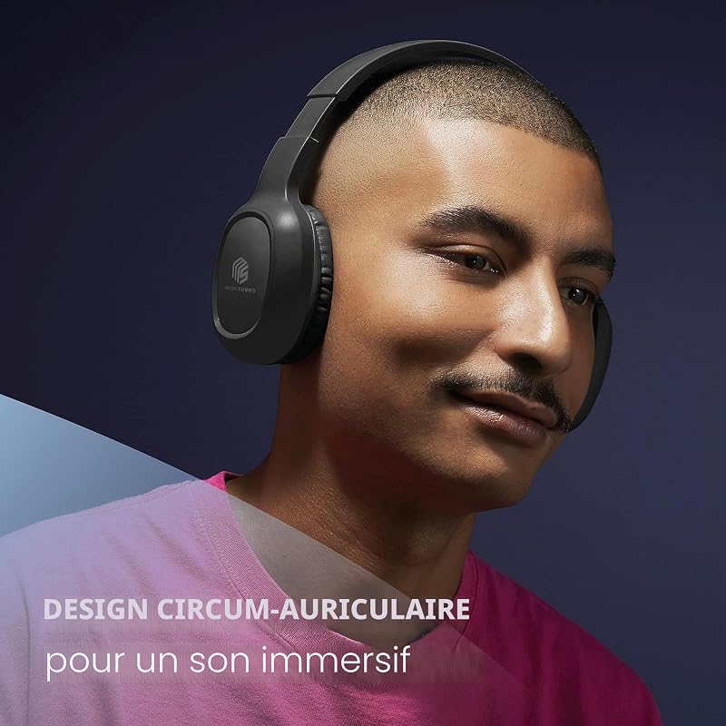| Casque Bluetooth Basic | Casque Bluetooth Supra-auriculaire avec Bandeau Extensible - Autonomie 14h - Recharge 2h - Voyant LED et entrée AUX - Couleur Noir
