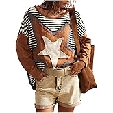 WDIRARA Women's Striped Star Patchwork Sweatshirt Crew Neck Drop Shoulder Loose Pullover Tops