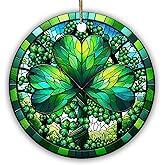 Sportyzen 2025 Shamrock Stained Glass Ornament – Celtic Irish Clover Sun Catcher – St. Patrick’s Day Hanging Decoration for Irish Pride, Home & Garden – 2.9" Round Ceramic Keepsake with Cord