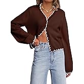 Mieazom Women Long Sleeve Cardigan Button Down Knit Jackets Open Front Cropped Contrast Color Trim Sweaters Fall Winter