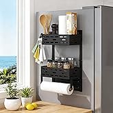 Loodkyoo 2-in-1 Magnetic Spice Rack & Paper Towel Holder for Fridge - 4 Hooks Kitchen Space Saver, Black Fridge Magnet Organizer