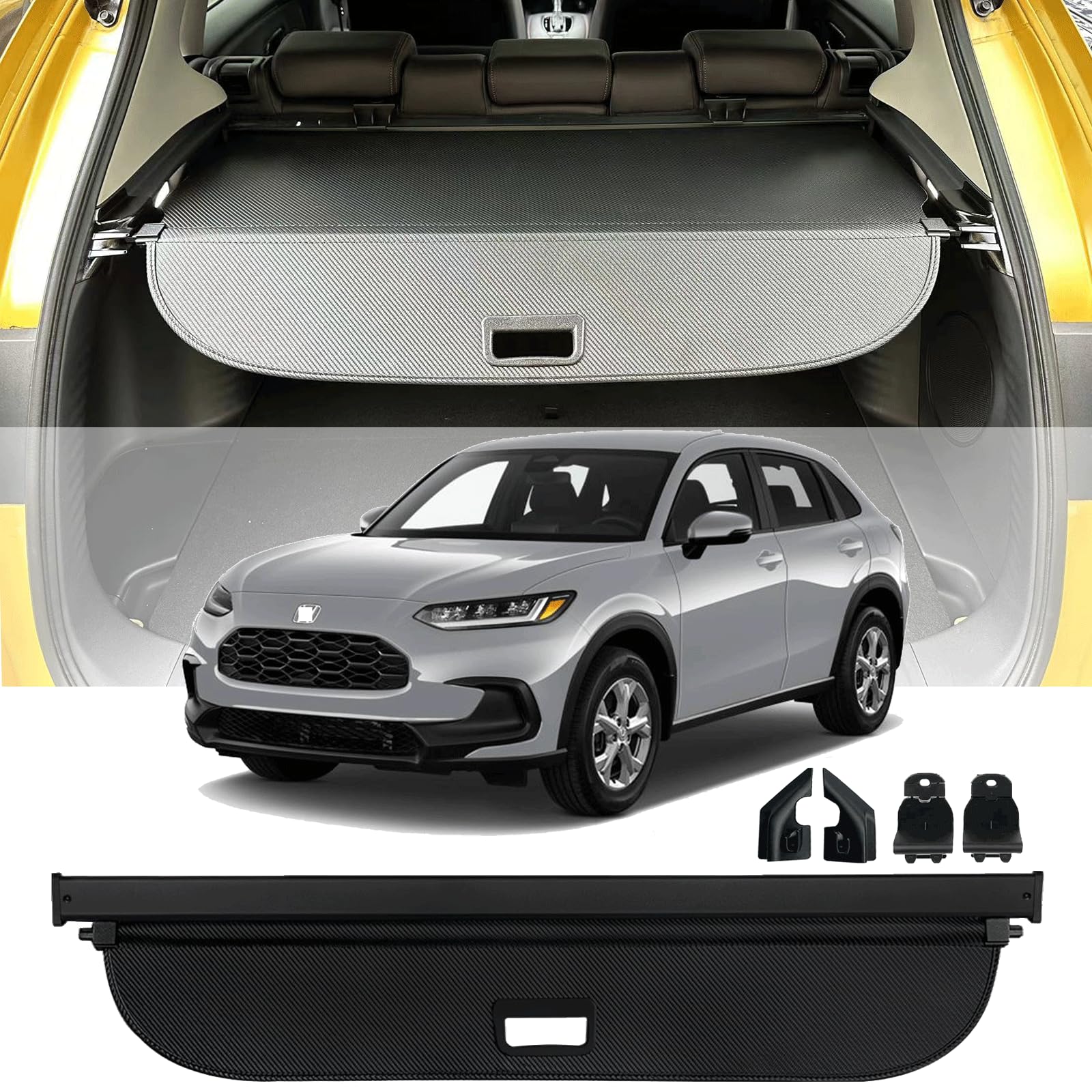 Automall_tech Retractable Cargo Cover For Honda HR-V 2015-2022 – Trunk Shade, Black Carbon Fiber Look