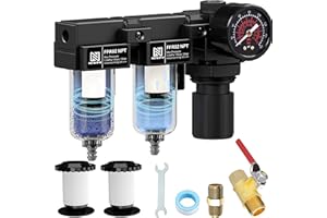 NEWPO Double 1/4" NPT Air Compressor Filter Regulator with Gauge, Spray Guns Drying System with Semi-Auto Drain, Metal Bracket,5＆5 Micron Filter Cartridge