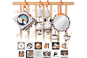 TUMAMA Black and White Baby Toys, High Contrast Baby Tummy Time Toys, Newborn Sensory Soft Books Mirror Rattles, Montessori T