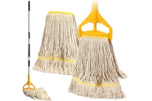 HAKFHSD 2 Pack 20oz Loop-End String Wet Mop Refills,Heavy Duty Cotton Commerical Industrial Grade Mop Replacements Heads for Home,Workshop,Garage Floors Cleaning,with 63'' Stainless Steel Mop Handle