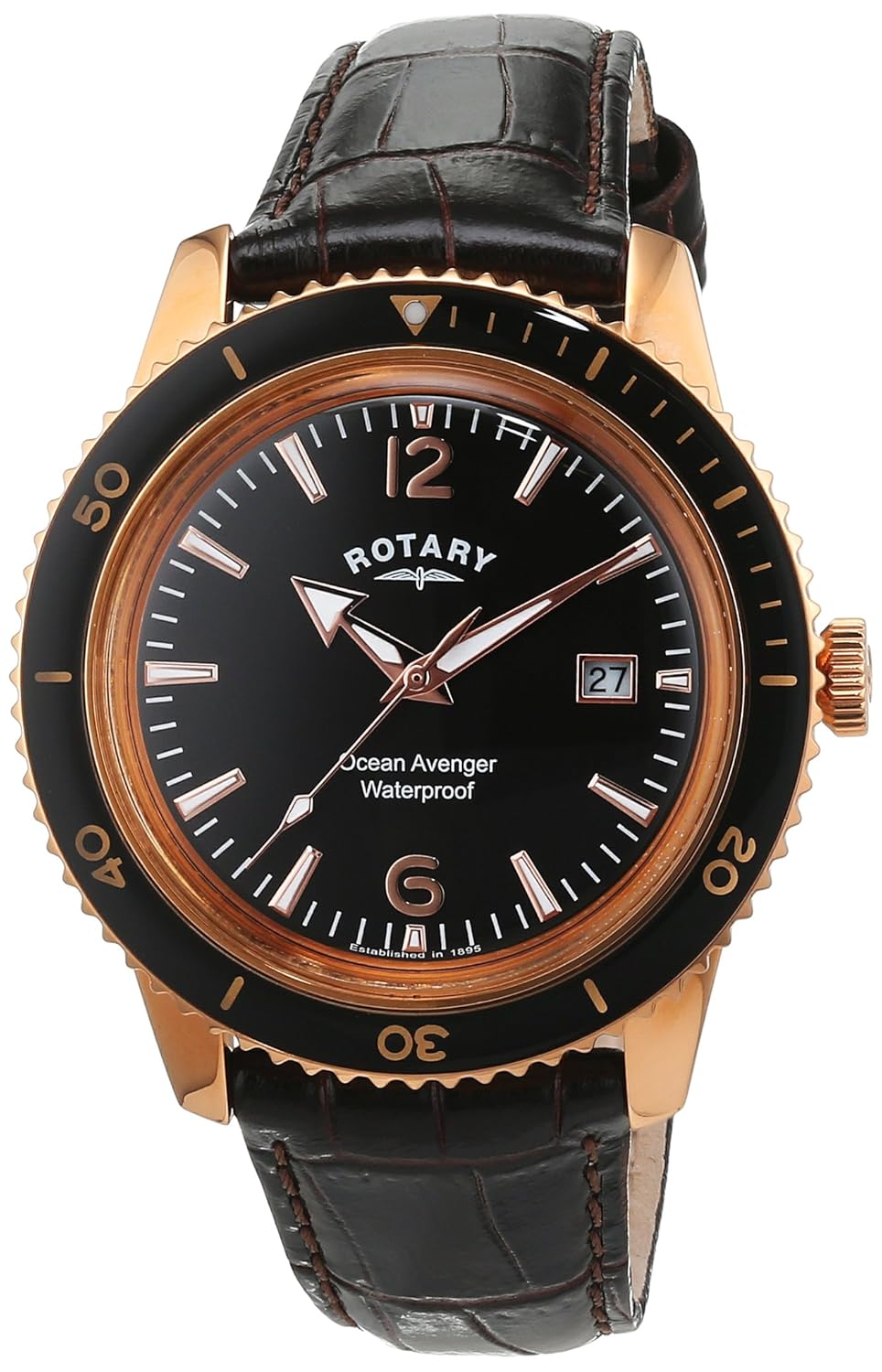 Rotary Men's Quartz Watch with Black Dial Analogue Display and Brown