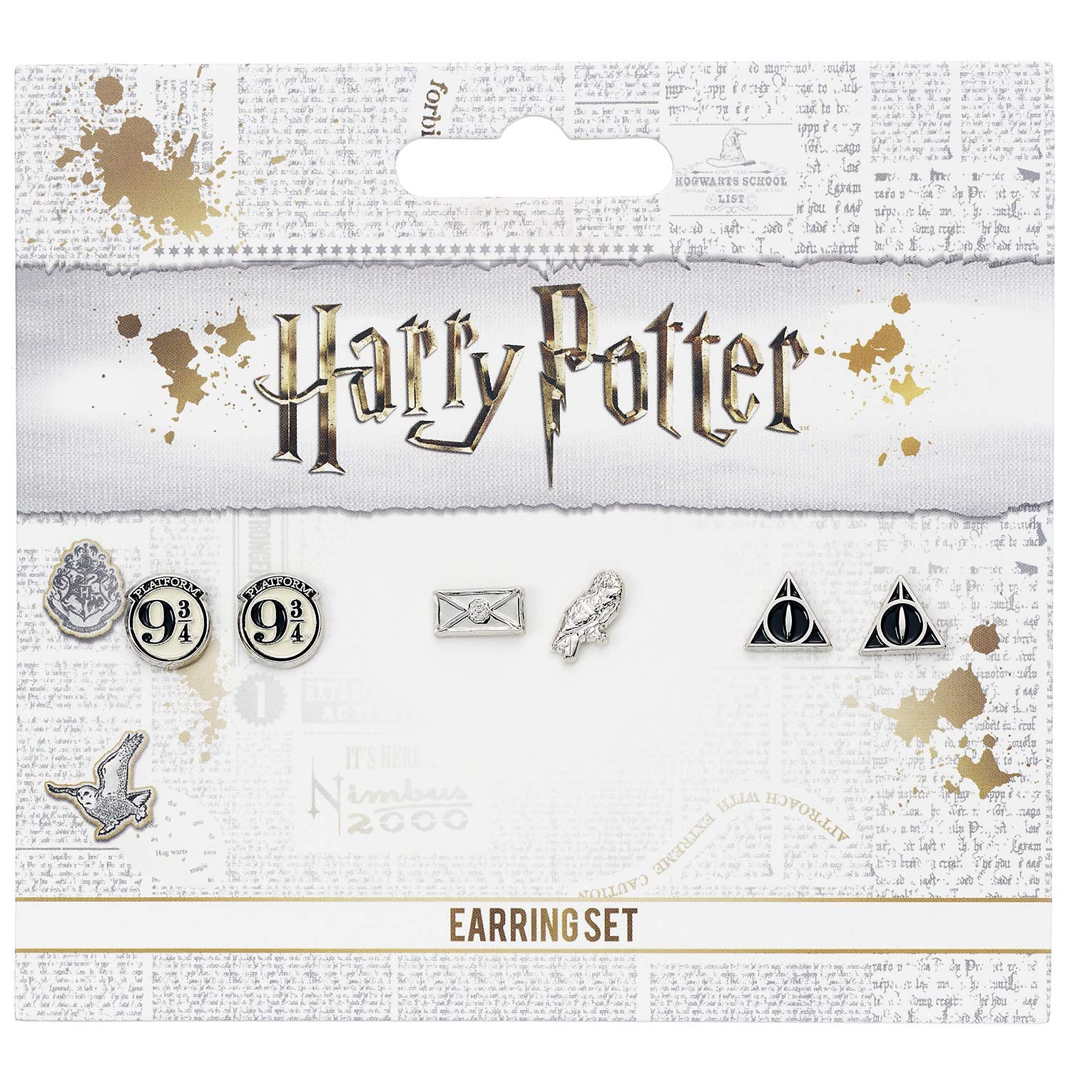Official Harry Potter Stud Earring Set including Platform 9 3/4, Hedwig & Letter, and the Deathly Hallows earrings by The Carat Shop