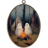 OINDADE Halloween Camping Ghost Oval Wall Art Decor, Dark Academia Fall Spooky Ghost Wall Art Hanging Decor, Halloween Gothic Ghosts Fall Framed Canvas Artwork for Camper Living Room, 8.8x11.5in