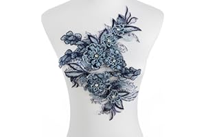 Silvora 3D Embroidered Flower Fabric Beaded Rhinestones Pearl Lace Applique, DIY Patches Accessory for Wedding Dresses，Neckline Bodice Pants(Navy Blue)