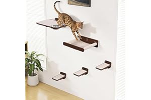 PATHOSIO PETS Space-Saving Cat Wall Shelves – Interactive Cat Wall Climber with Hammock & Dog Proof Feeding Station for All Indoor Breeds – Solid Walnut Wood with Beige Carpet