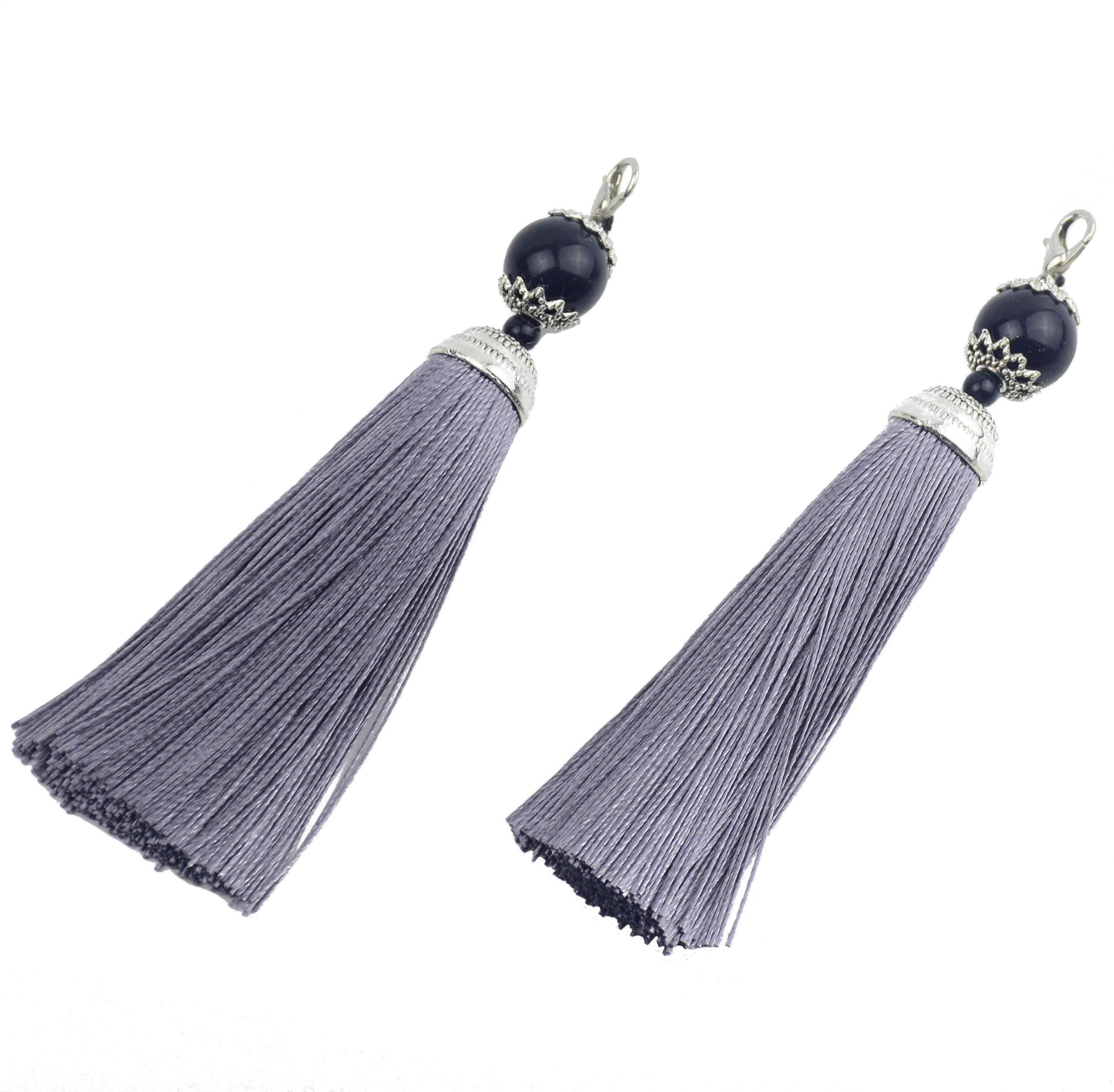 Makhry 10pcs 4.5 Inch Handmade Silky Floss Lobster Clasp Tassel Key chain Beads Bookmark Tassel Pendant for DIY Craft Jewelry Women Earring(Grey, Short)