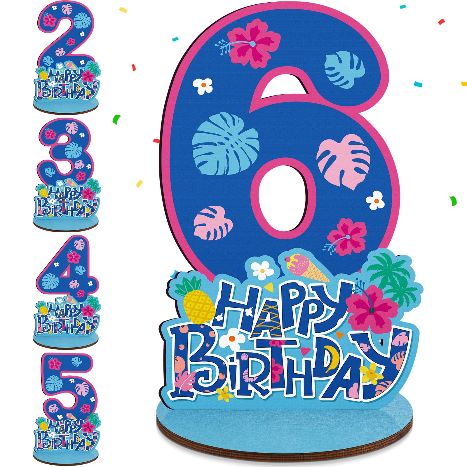 Photo 1 of Amyhill Hawaii 6th Birthday Decoration Number Sign Centerpiece 12'' Tropical Wooden Number for Summer Luau Theme Party Table Photo Prop for Birthday Tropical Leaves Designs