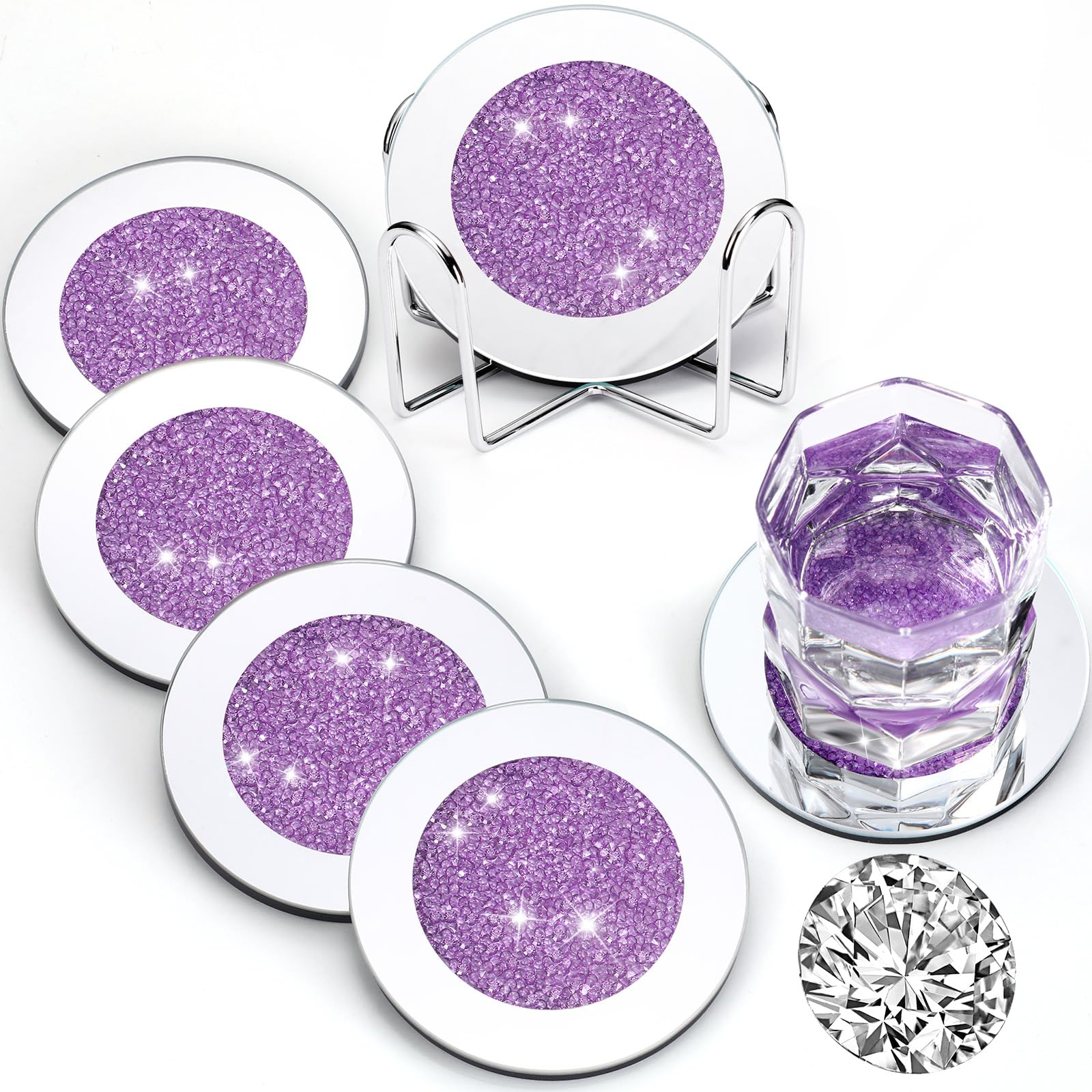 Jetec Mirrored Glass Coaster Set of 6 with 1 Holder 4" Crushed Diamond Round Cup Mat Glitter Crystal Rhinestone Glass Coaster Bling Table Decor for Bar Kitchen Gift for Christmas(Purple,4 Inch)