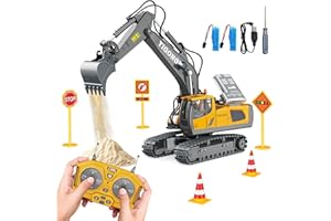 BALJINDER Remote Control Excavator Toys for Boys 3-5 year old, 680-degree Turns with 2 Batteries, Metal Shovel, Roadblock sign, Lights & Sounds, Construction RC Excavator Toy Best Birthday Gift for 6-12 yr Boys