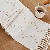 Wracra Boho Table Runner, Taupe Woven Table Runners 48 Inches Long | Textured Woven Fabric and Hand-Tassels, Inlaid Stripe Design&amp;Thickened, Machine washable,Dresser Runner Dining Table Decor