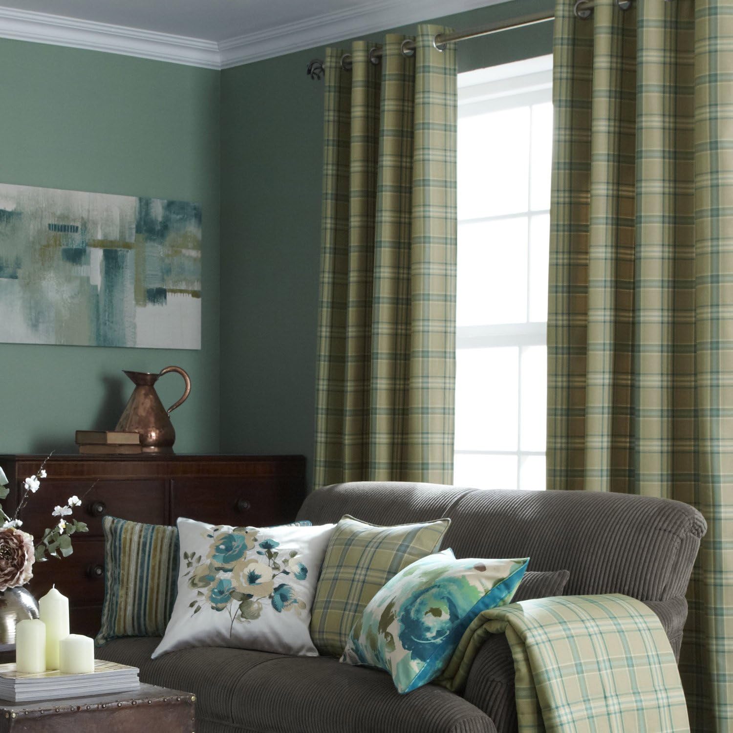 Modern iLiv Piazza Cerato Tartan Check Readymade Eyelet Curtains, Natural/Azure Blue - 90" x 54"