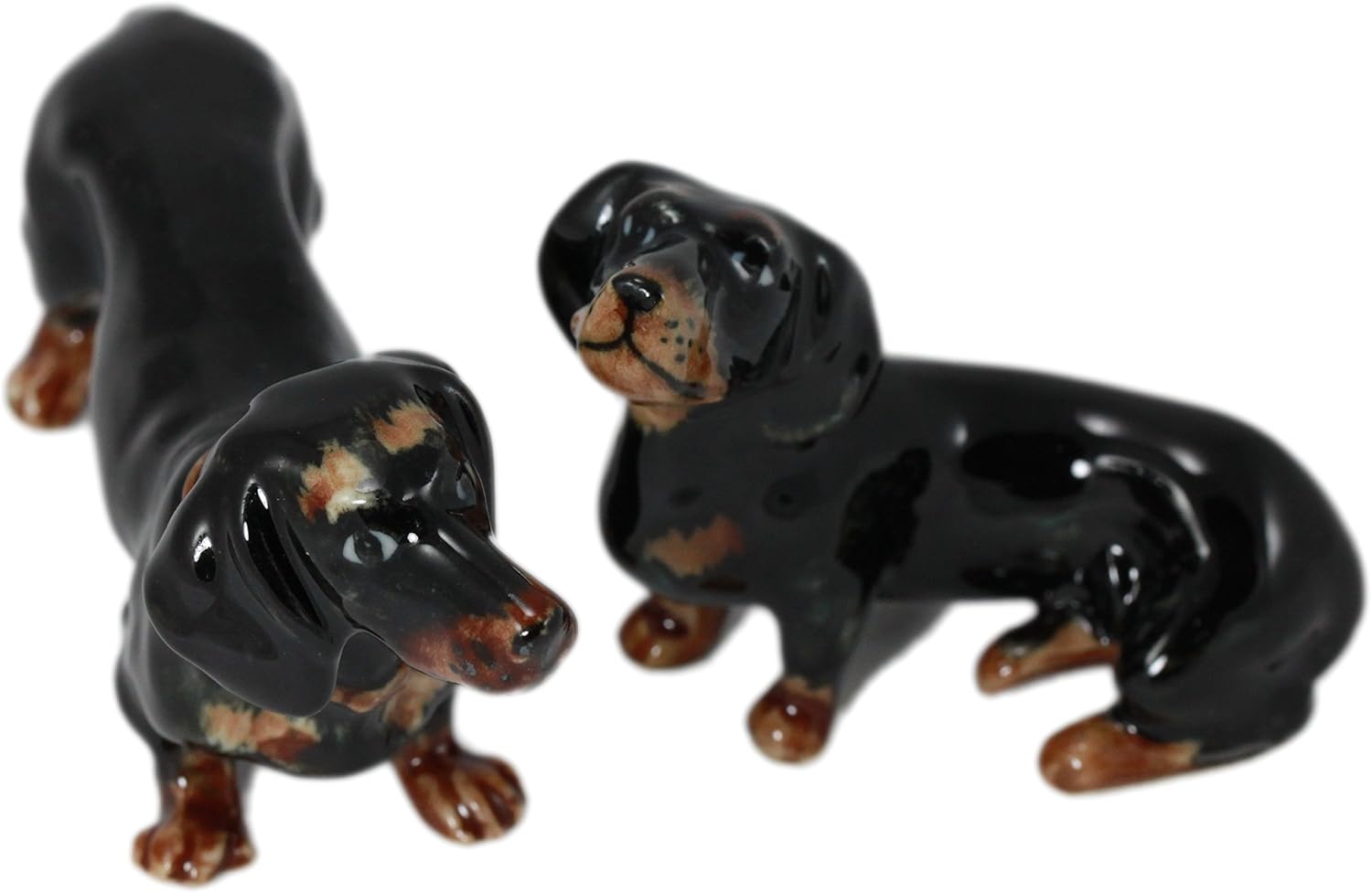 2 Pcs. Black Dachshund Dogs Set Handmade Ceramic Miniature Figurine