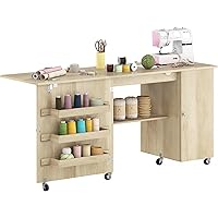 HOMCOM Folding Sewing Table with Drop Leaf, Rolling Craft Table with 2 Doors, Storage Shelves, Bins, Lockable Wheels, Sewing 