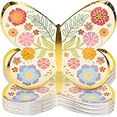 FYSUIMU 24 Pcs Floral Butterfly Paper Plates Gold Foil Flower Disposable Plates Butterfly Shape Party Tableware for Spring Wedding Birthday Table Decor Supplies