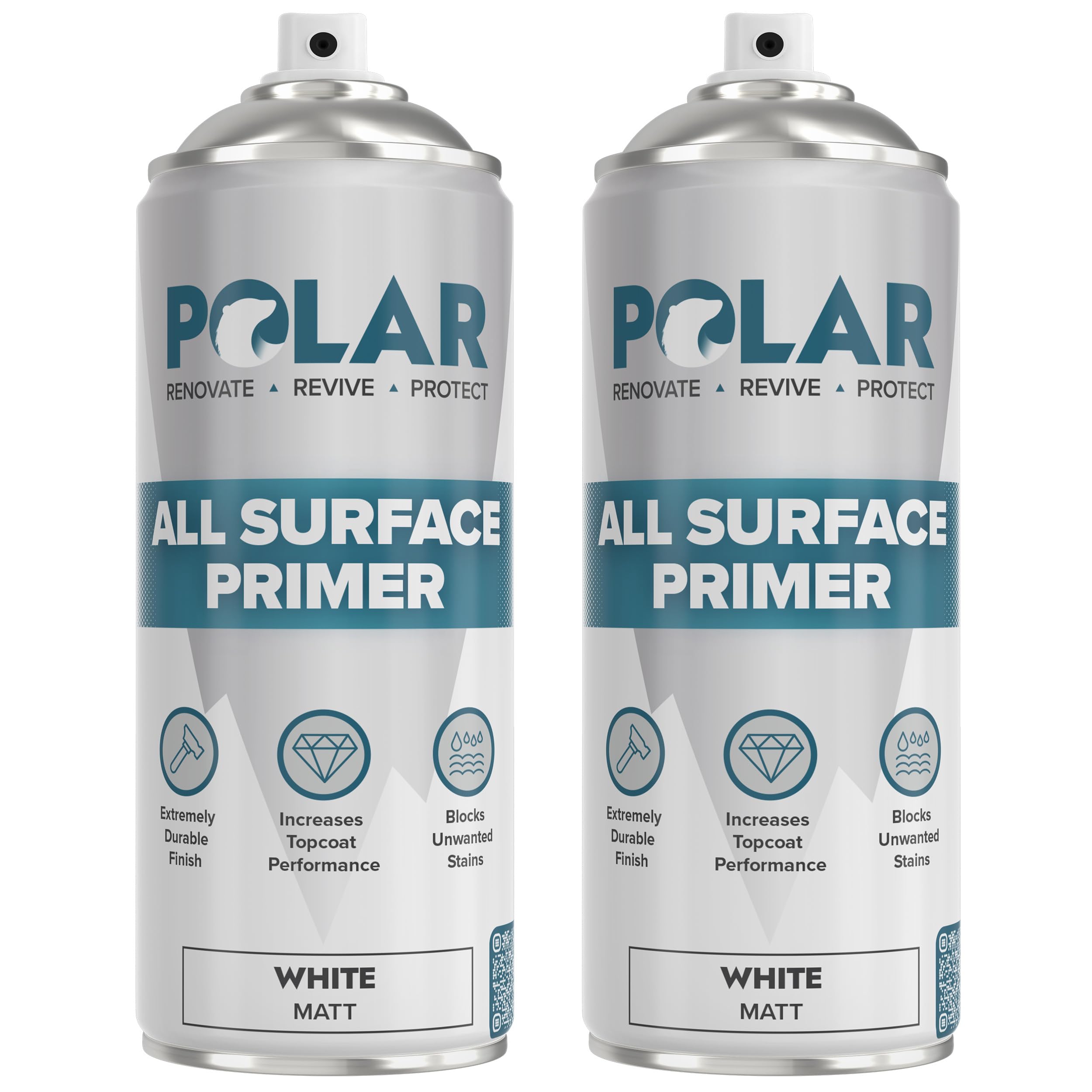 Polar All Surface Primer Spray Paint - 2 x 400ml, Matt White - Quick Drying Undercoat - Easy Spray Primer with Strong Adhesion - For Interior & Exterior Surfaces