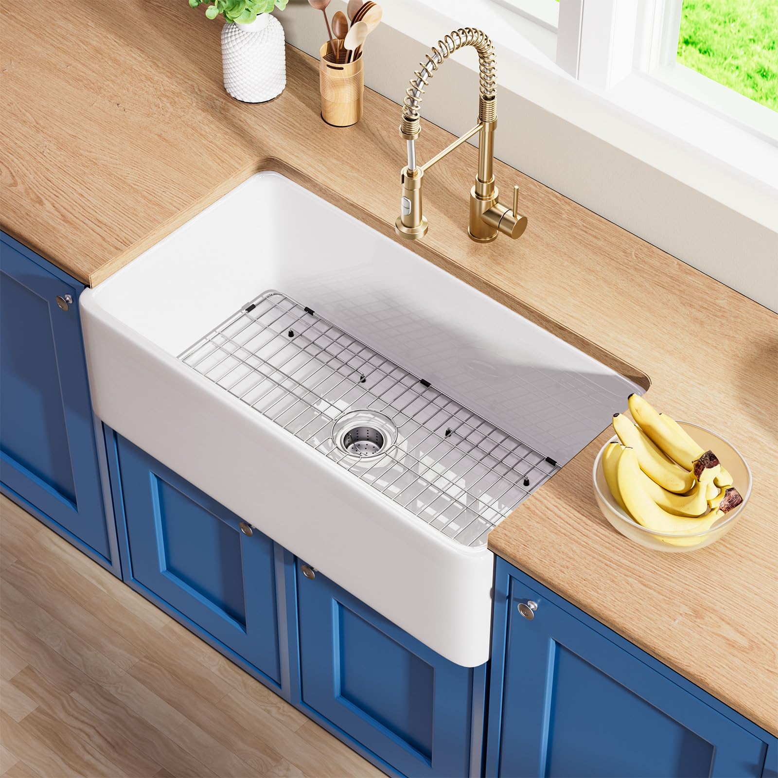 Photo 1 of Davivy White Farmhouse Sink 33 Inch Fireclay Kitchen Sink, 33x18 Farmhouse Kitchen Sink,Apron Front Farm Sink,Undermount Kitchen Sink, Porcelain Single Bowl Sink with Bottom Grid & Strainer