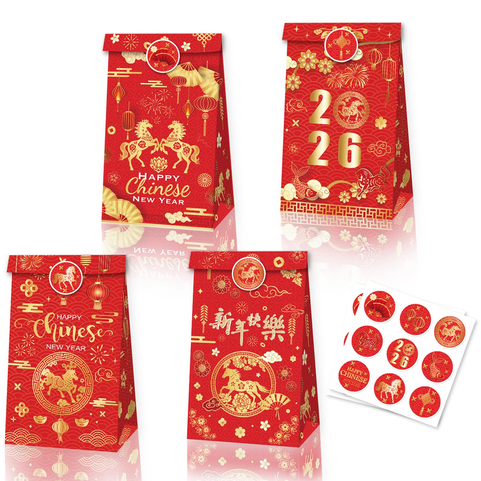 HOWAF 12pcs 2026 Chinese New Year Party Bags for Gift Treat, Chinese Year of the Horse Bags for Sweet Candy, Red Paper Bag with Stickers 18pcs