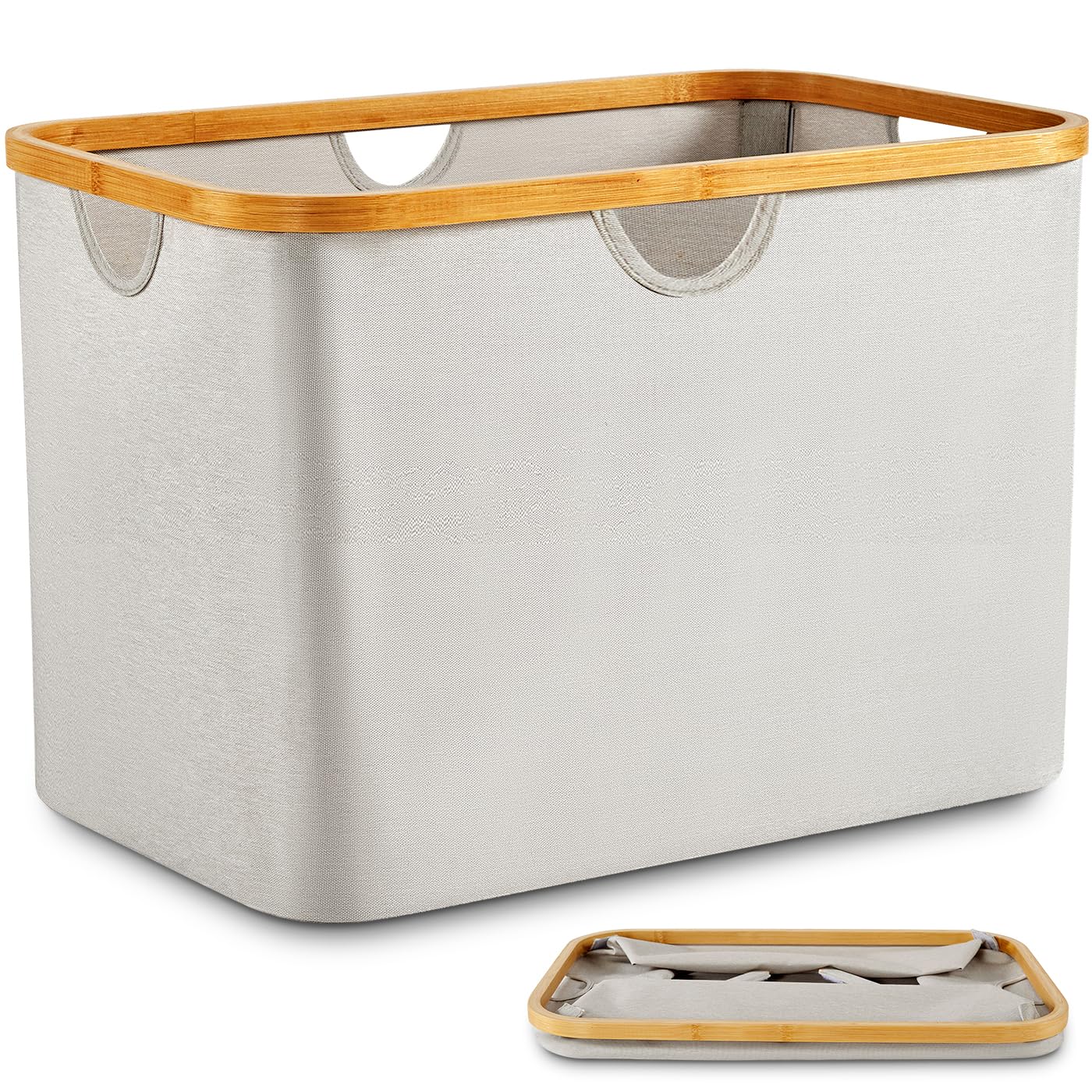 DOKRVLOQ Collapsible Laundry Washing Baskets Cream Bamboo Cloth Fabric 68L Large Foldable Wash Clothes Storage Ironing Basket Folding Space Saving Laundry Hamper