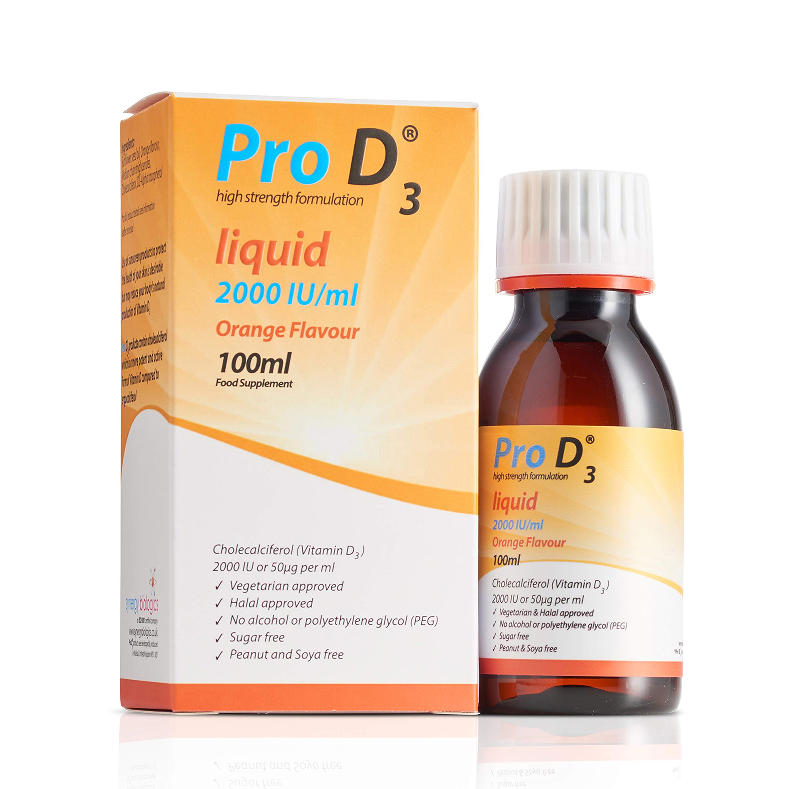 Pro D3 Liquid 100ml (Vitamin D3-2000 IU / 50mcg) [Alcohol Free] Vegetarian Society Approved - Gluten Free - Salt Free Gelatin Free - SOYA Free - Peanut Free - Sugar Free - Halal - Kosher
