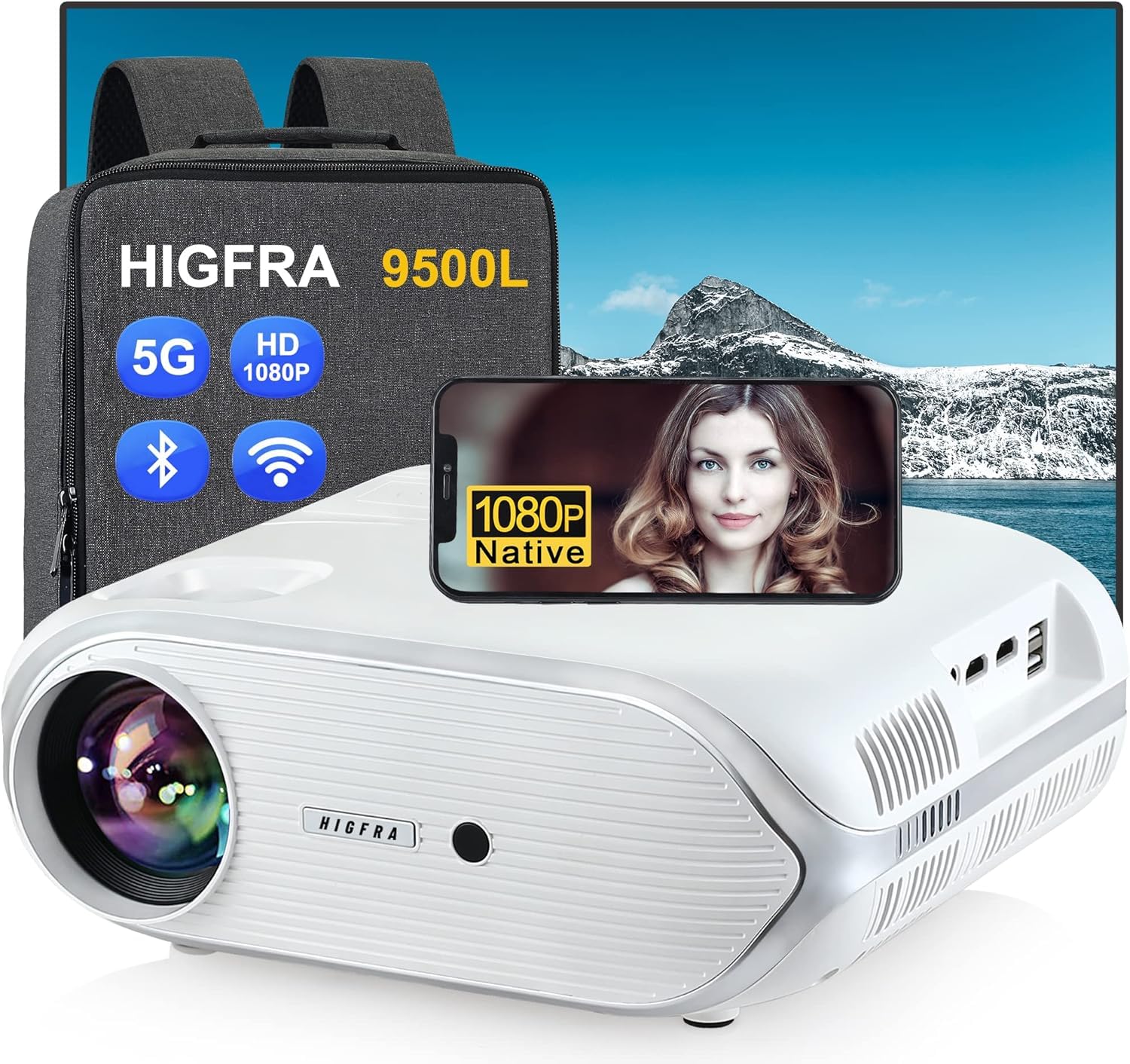 JIFAR HD Projector with WiFi and Bluetooth, 5G WiFi Native 1080P 12000L Outdoor Projector Support 4K 450