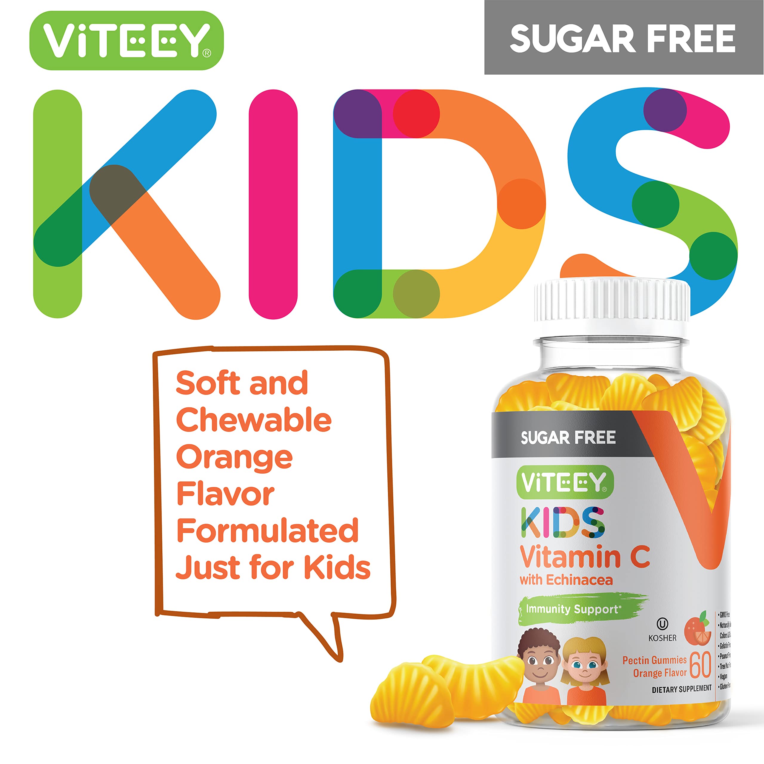 Viteey Kids Vitamin C Gummies 75mg, with Echinacea - Sugar Free - Immune Support for Toddlers, & Teens - Vegan, Gelatin Free, Gluten Free, GMO Free - Tasty Orange Flavored Kids Immunity Gummy