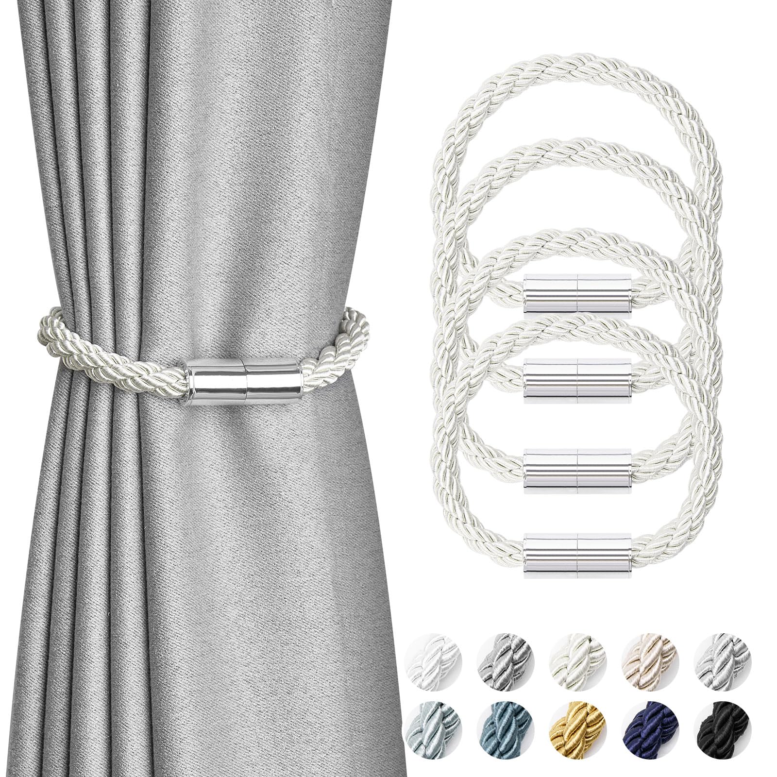 Pretty Jolly 4 Pack Mini Magnetic Curtain Tiebacks Modern Simple Style Drape Tie Backs Elegant Decorative Weave Rope Curtain Holdbacks for Home & Office Thin Window Draperies (Creamy-white)