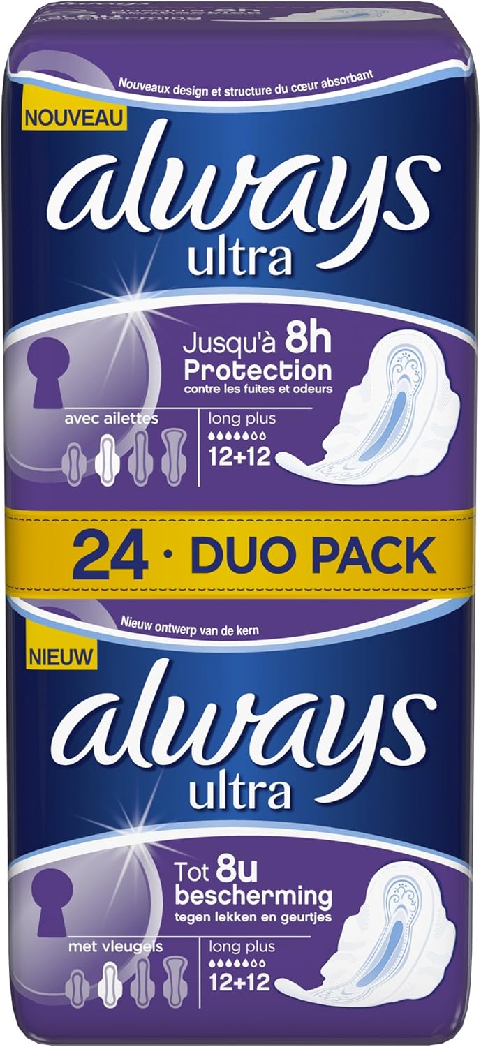 Always Long Plus Sanitary Pads with Wings Duo Pack, Tin Box x 24 Pack
