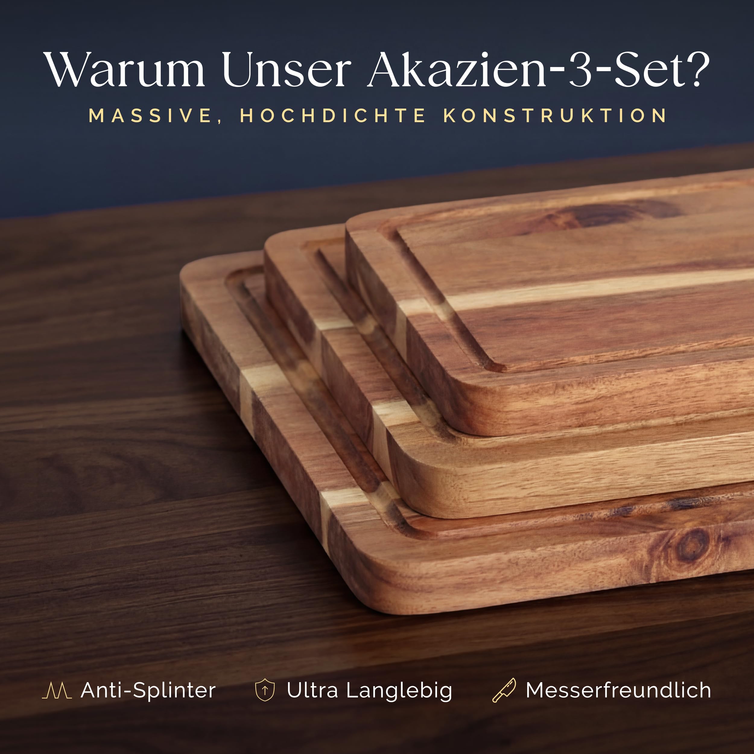 Deer & Oak 3-teiliges Akazien-Schneidebrett-Set mit Ständer, inklusive 250 ml Schneidebrettöl, FSC-zertifizierte, vorgeölte Schneidebretter aus Holz für Küchen, Hartholz-Küchenschneidebretter für 6