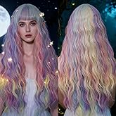 WGPFWIG Women's Multi Color Rainbow Wig 27 Inches Long Curly Wavy Hair Wig Heat Resistant Fibers Synthetic Wig For Women Girl Cosplay Party Halloween Wig Cap Included (Multi Color Rainbow)