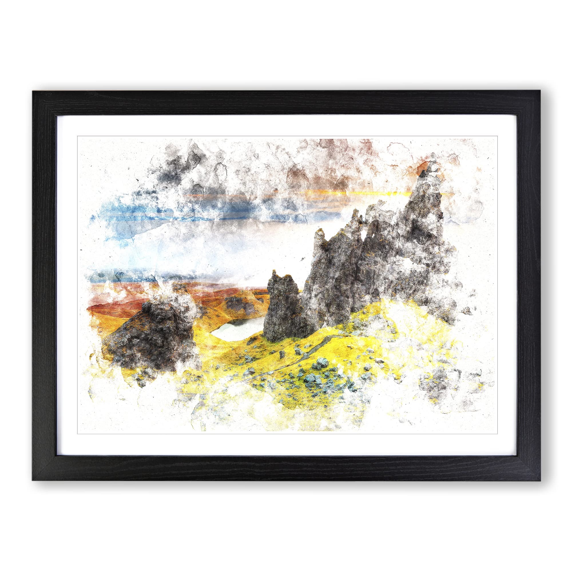 View From The Old Man Of Storr In The Isle Of Skye Watercolour Modern Framed Wall Art Print, Ready to Hang Picture for Living Room Bedroom Home Office Décor, Black A3 (46 x 34 cm)