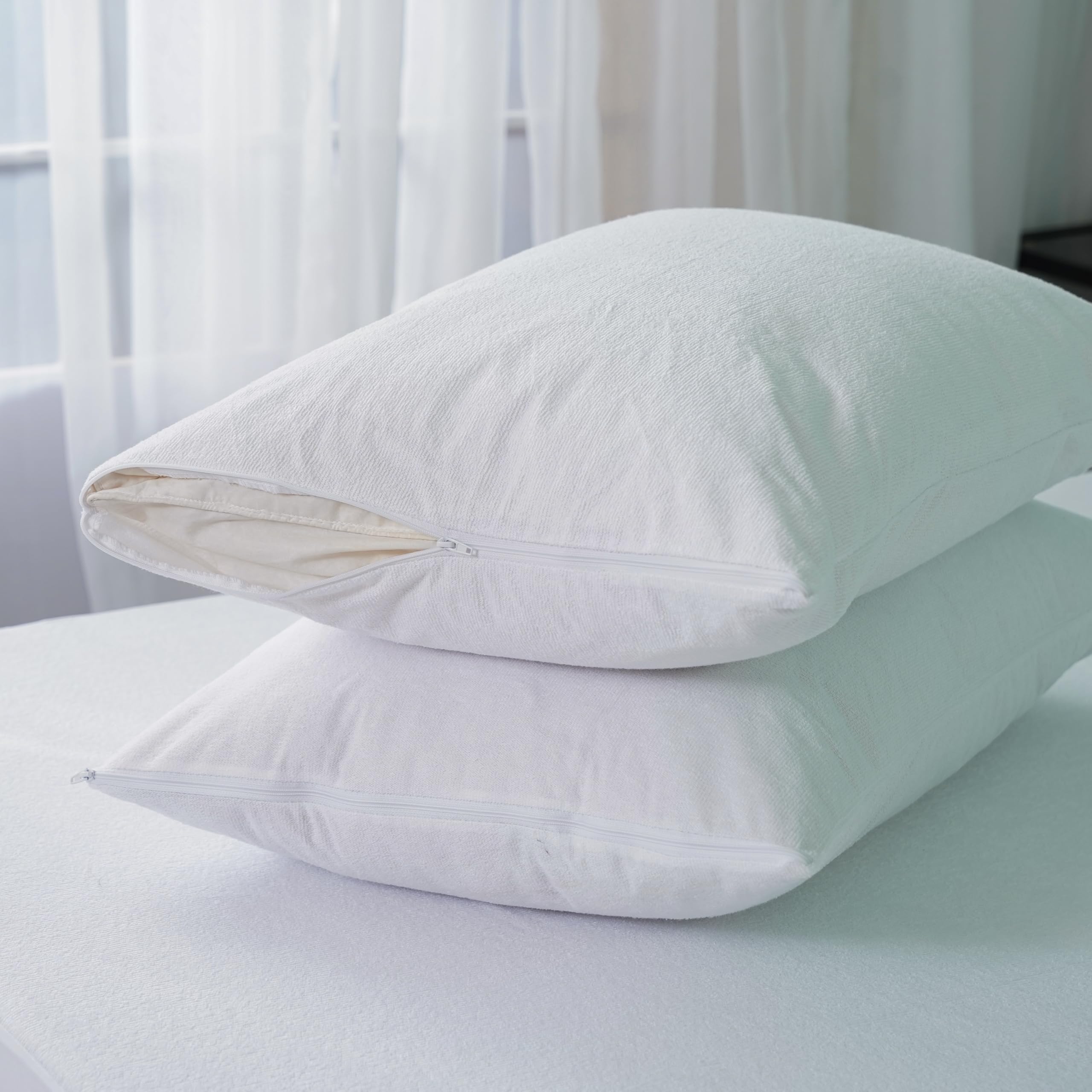 IMFAA Terry Waterproof Zipped Pillow Protector Pack of 2 - Soft and Comfortable Pillowcase Protectors - Ant-Allergy and Breathable Pillow Cover. (2 x Terry - Zipped)